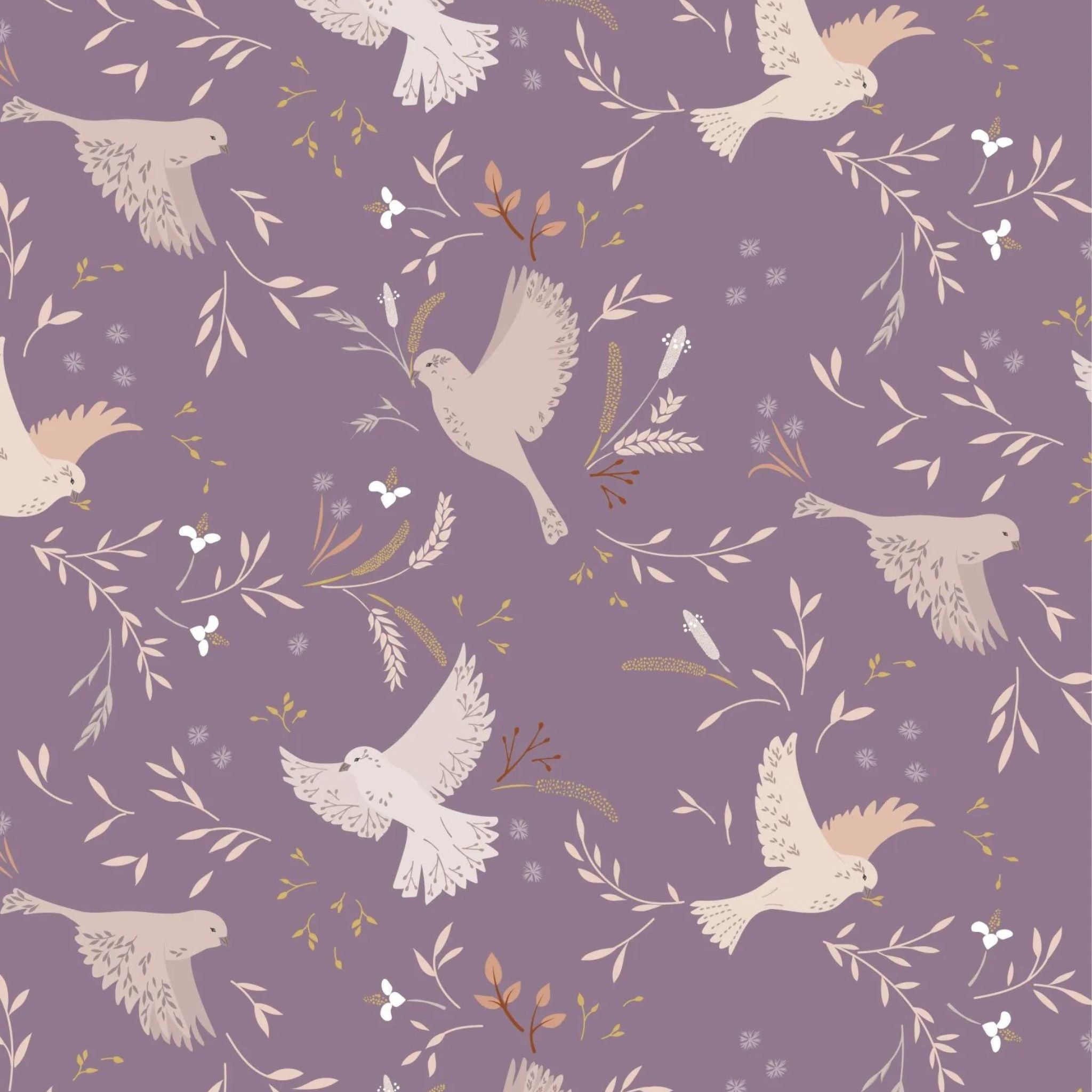 Flying birds gather the field grasses on a lavender cotton fabric - Meadowside by Lewis and Irene