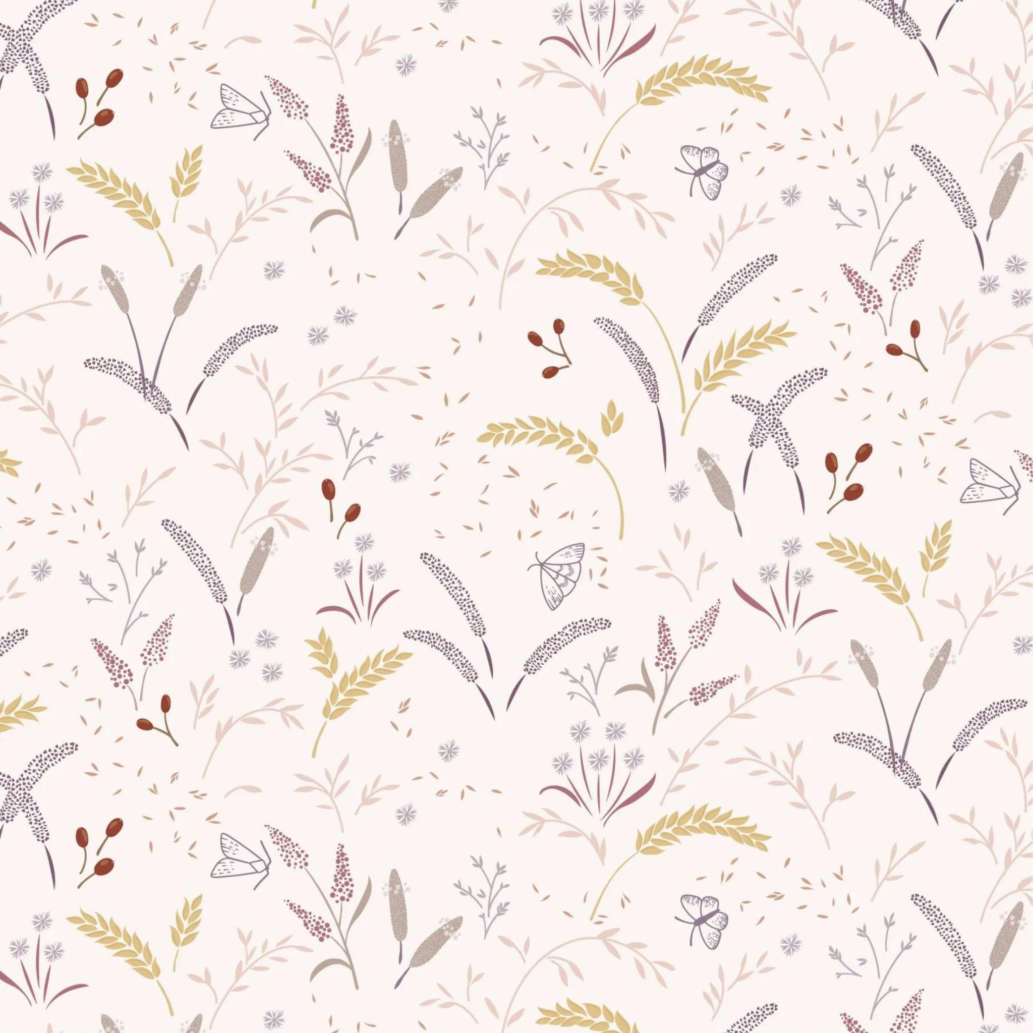 Butterflies and grassfield on pink cotton fabric - Meadowside by Lewis and Irene