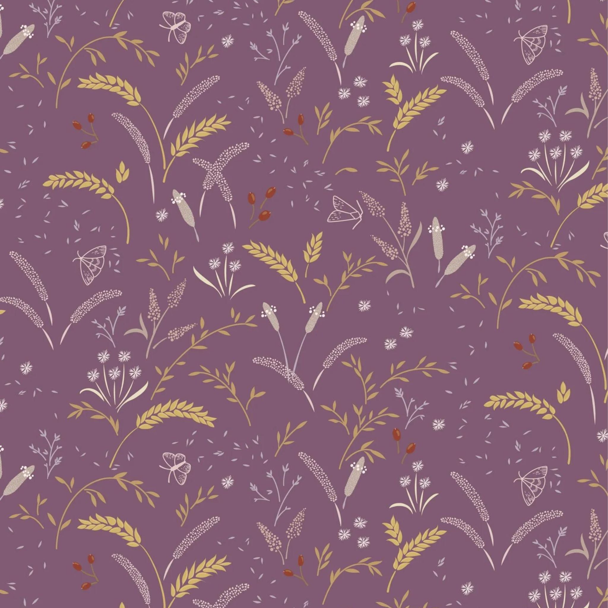Grassfield and butterflies on a deep purple cotton fabric - Meadowside by Lewis and Irene