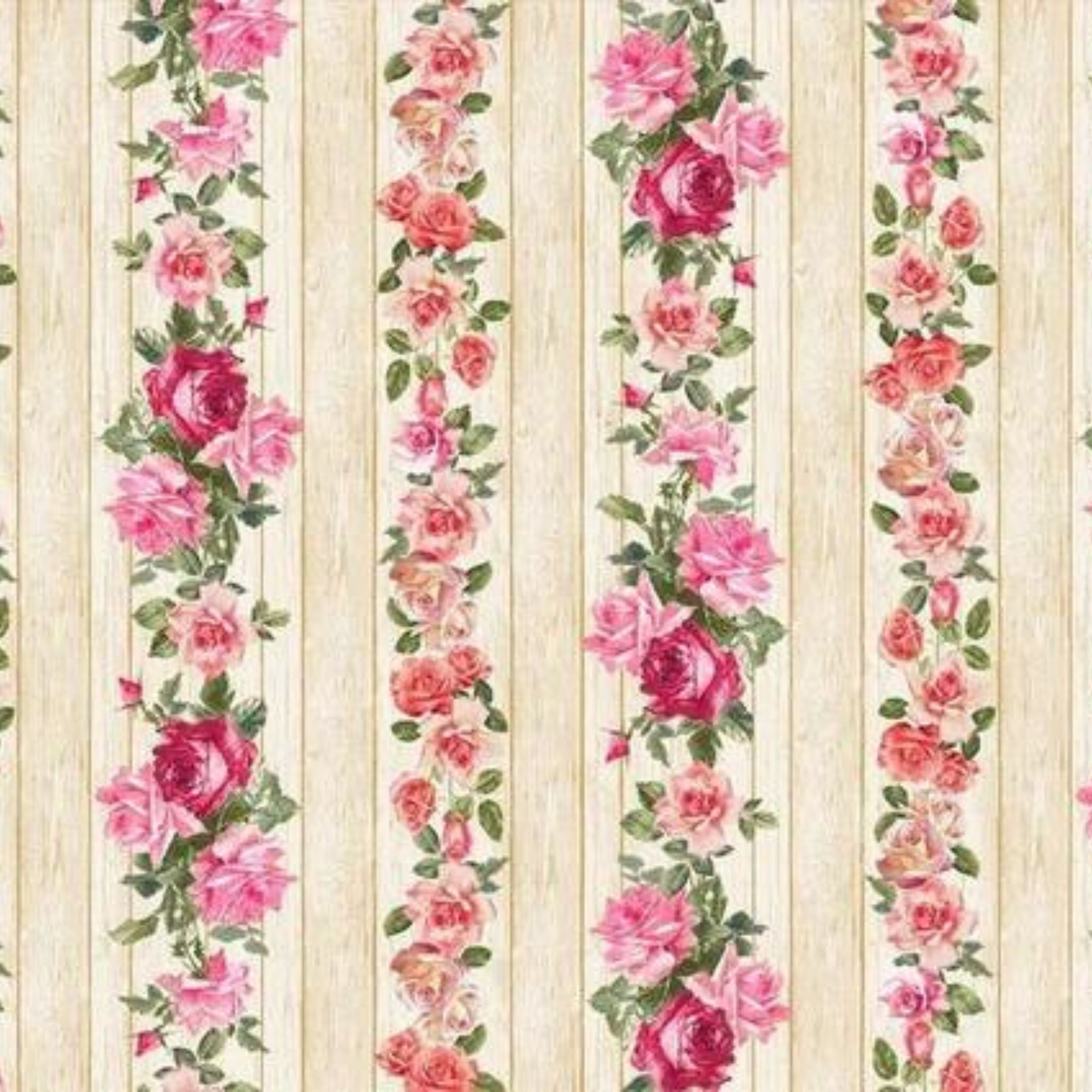 Large pink roses on a wood effect striped background cotton fabric - Rose by Timeless Treasure