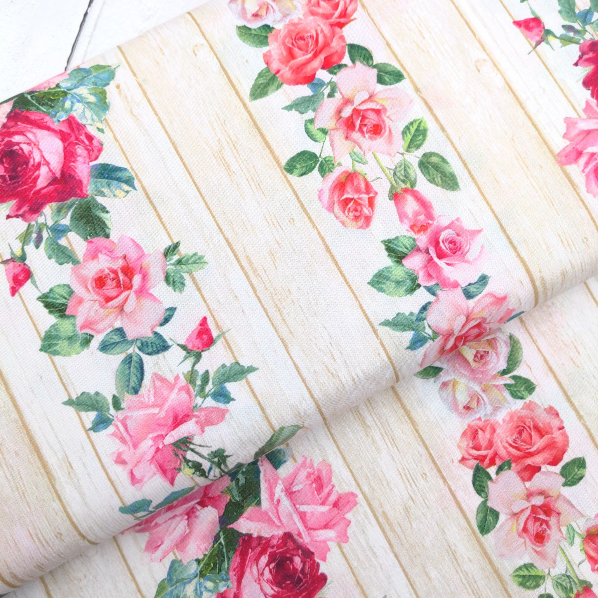 Pink roses on natural striped cotton fabric-Timeless-Treasures-CD1724