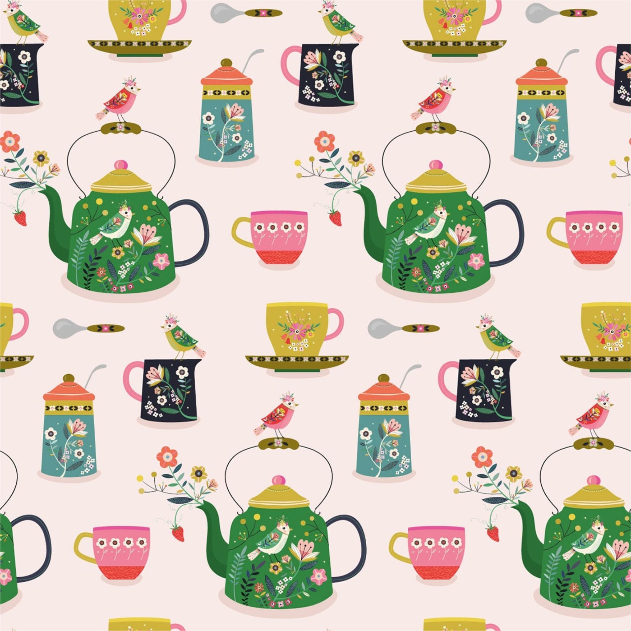 Afternoon tea with vintage style floral kettles on cream cotton - Strawberry Tea - Dashwood Studio