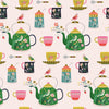 Afternoon tea with vintage style floral kettles on cream cotton - Strawberry Tea - Dashwood Studio