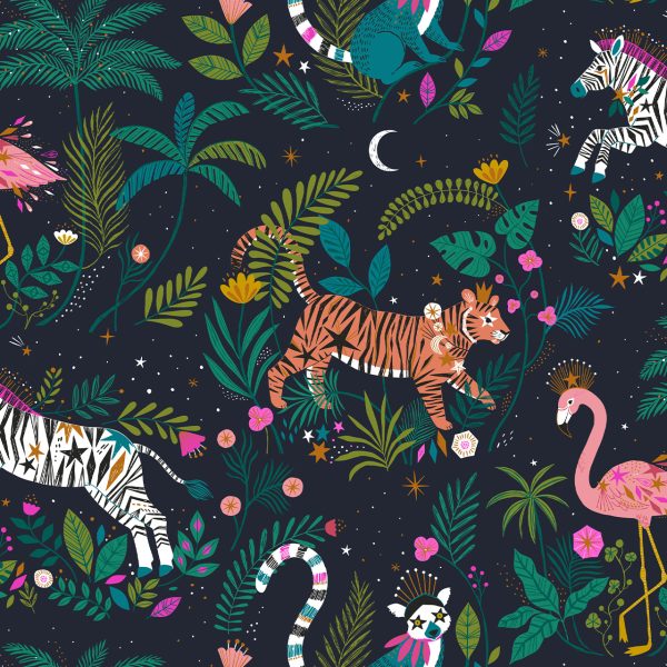 Jungle animals on black cotton - Jungle Luxe - Dashwood Studio