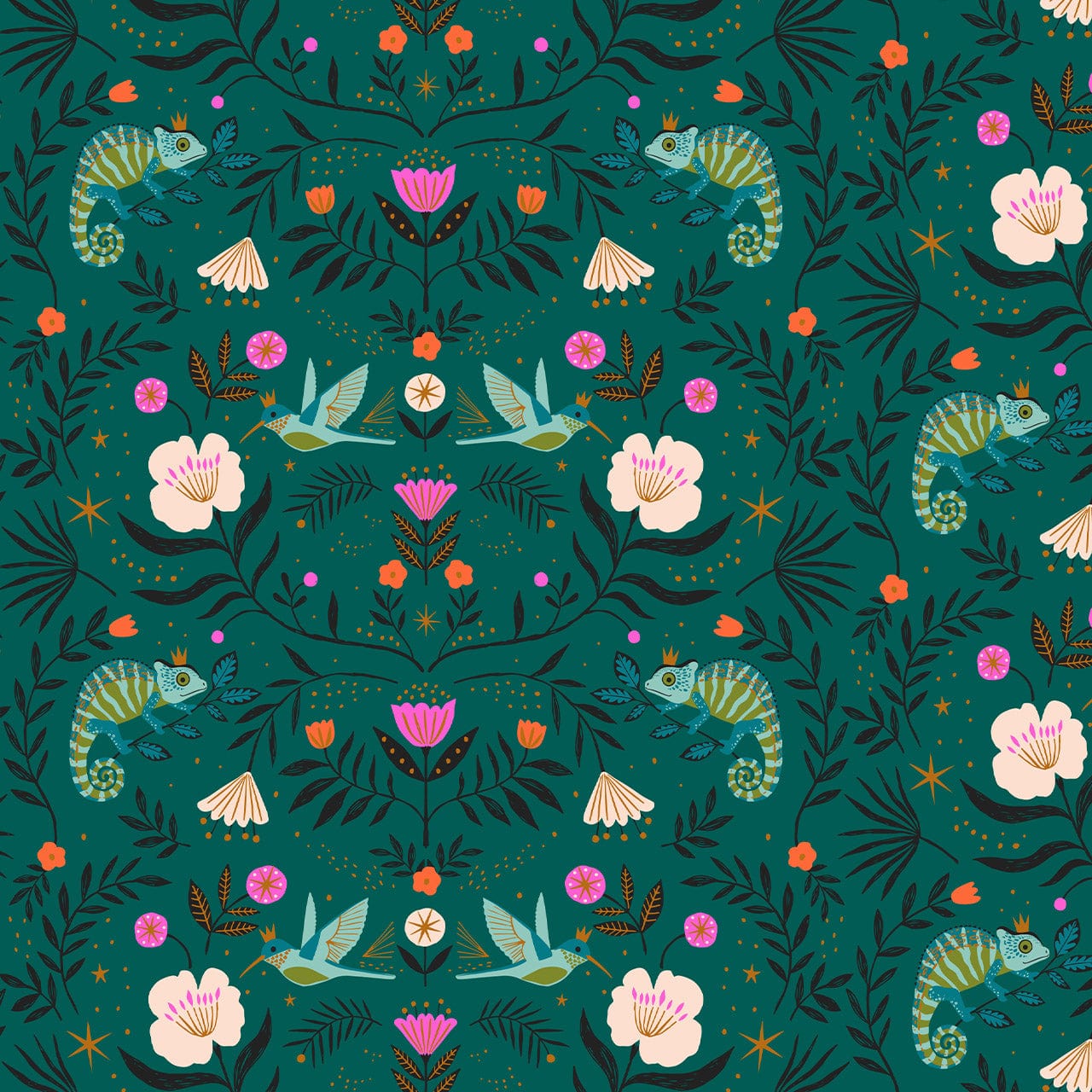 Chameleons and jungle birds on a floral teal cotton fabric - Jungle Luxe by Dashwood Studio