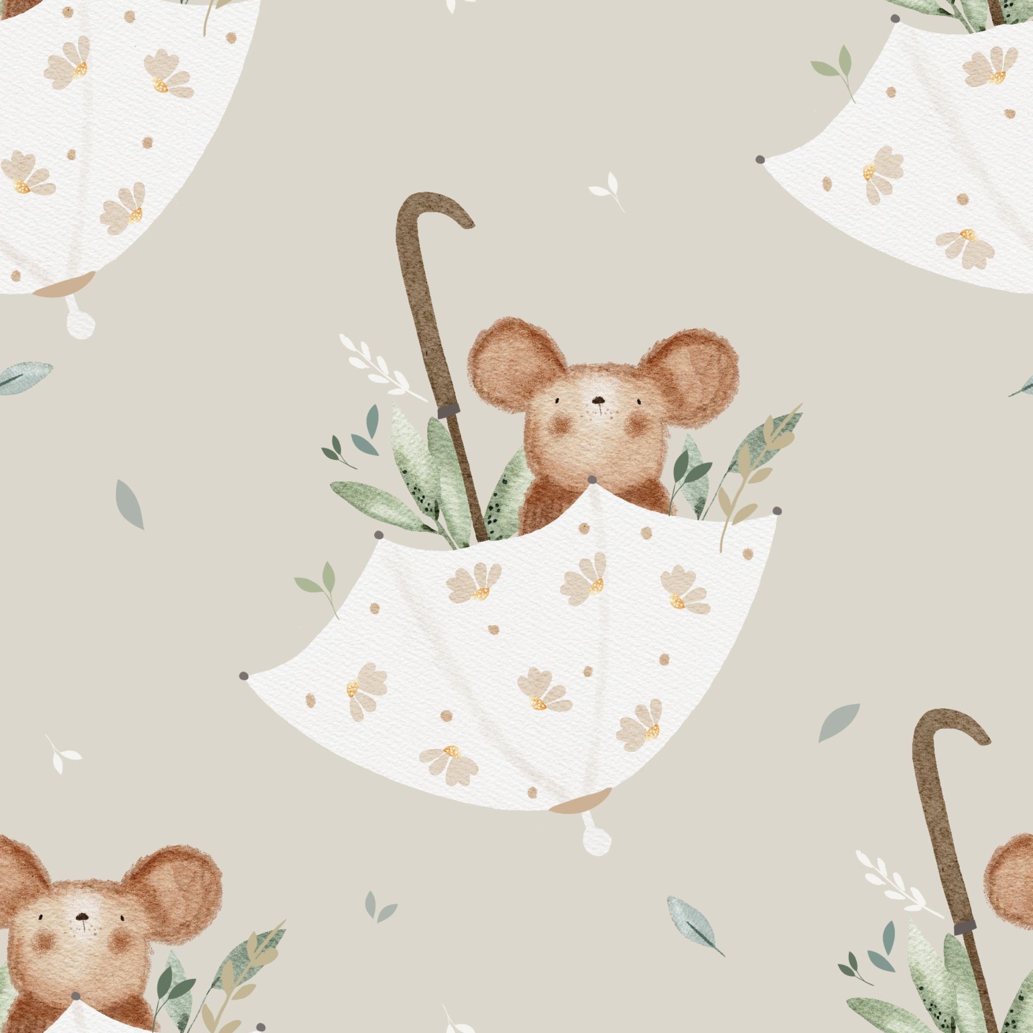 Little mouse in an upturned umbrella on tofu cotton jersey