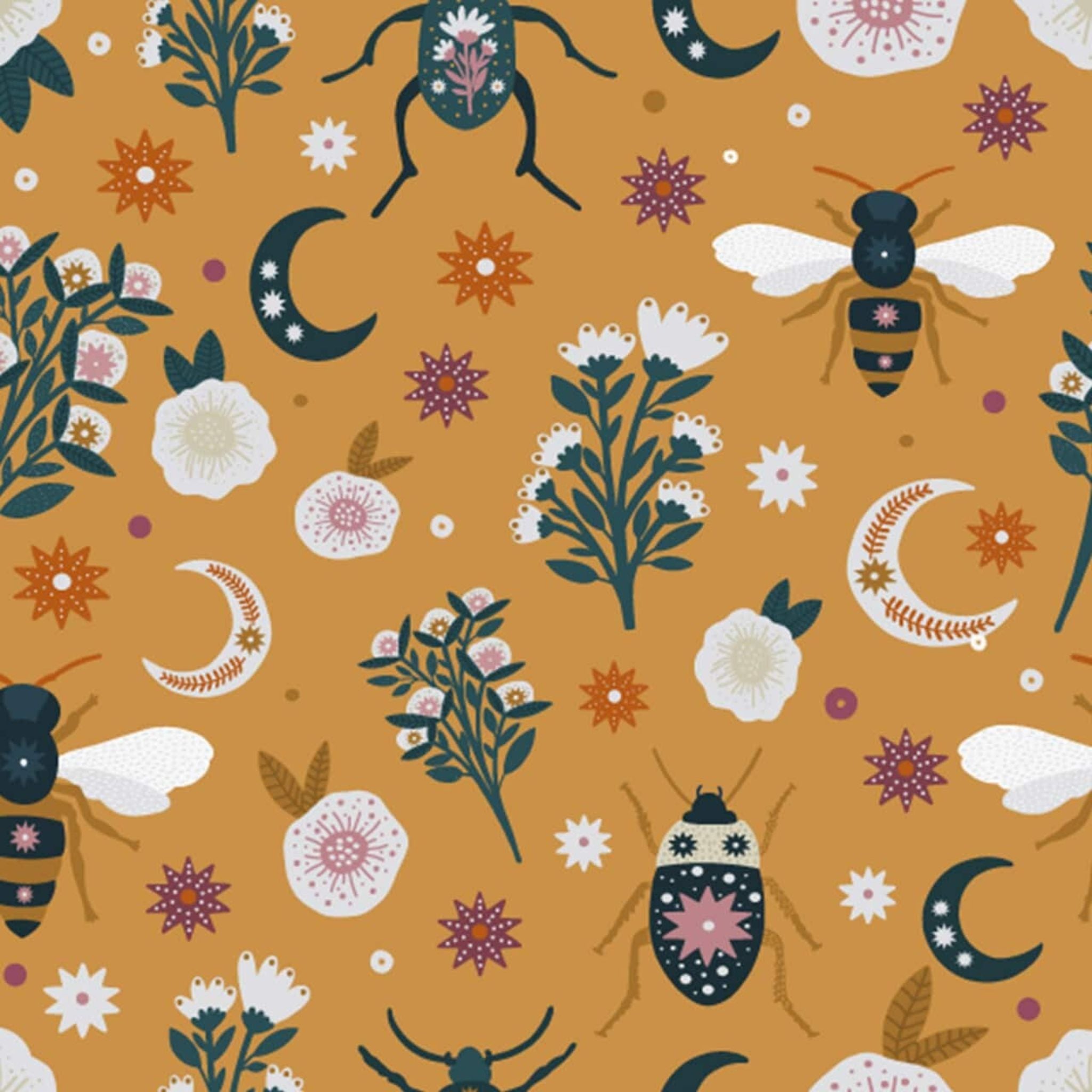 Insects and flowers on mustard yellow - Night and Day - Dashwood Studio