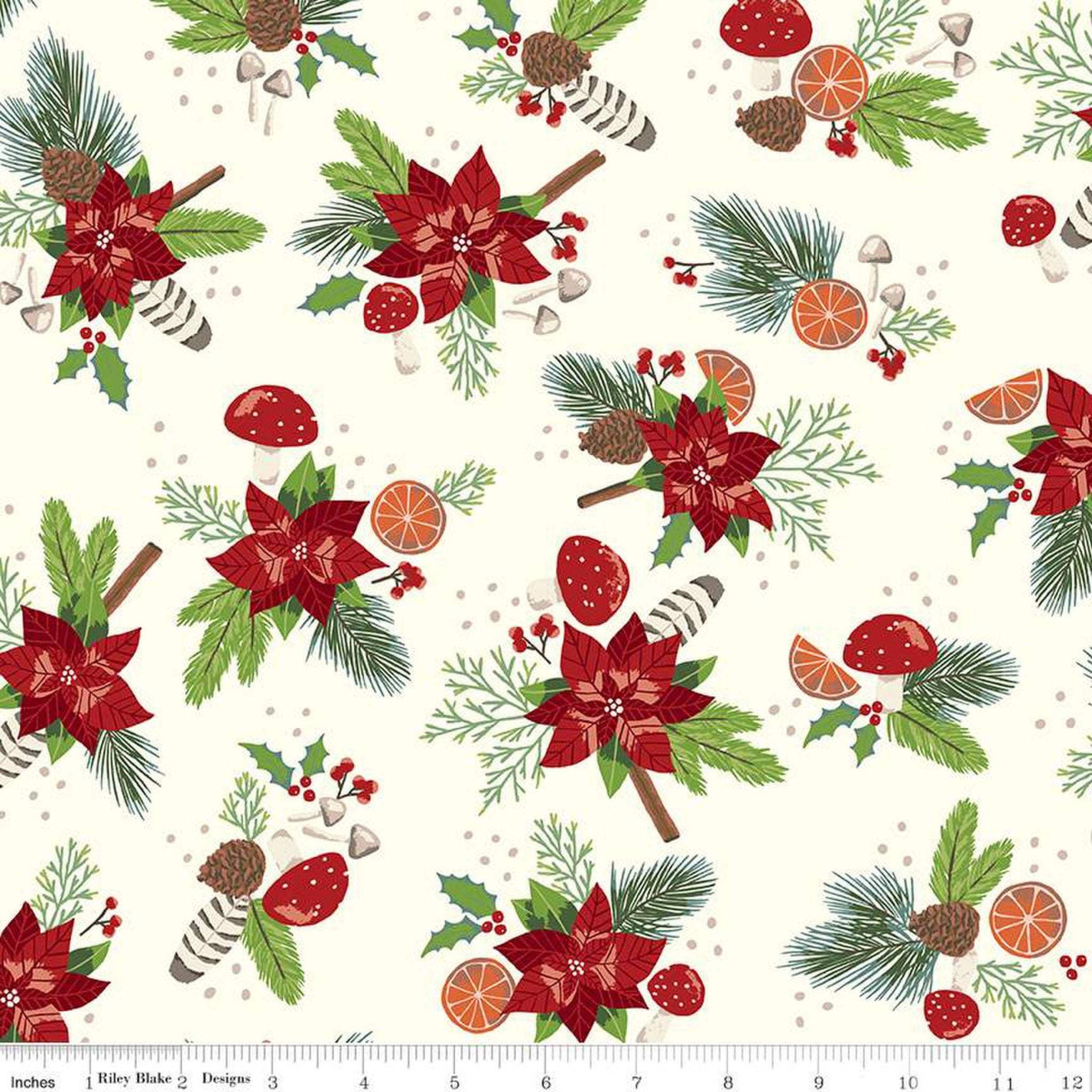 Poinsettia on cream cotton fabric with slices of orange - Yuletide Forest by Riley Blkae