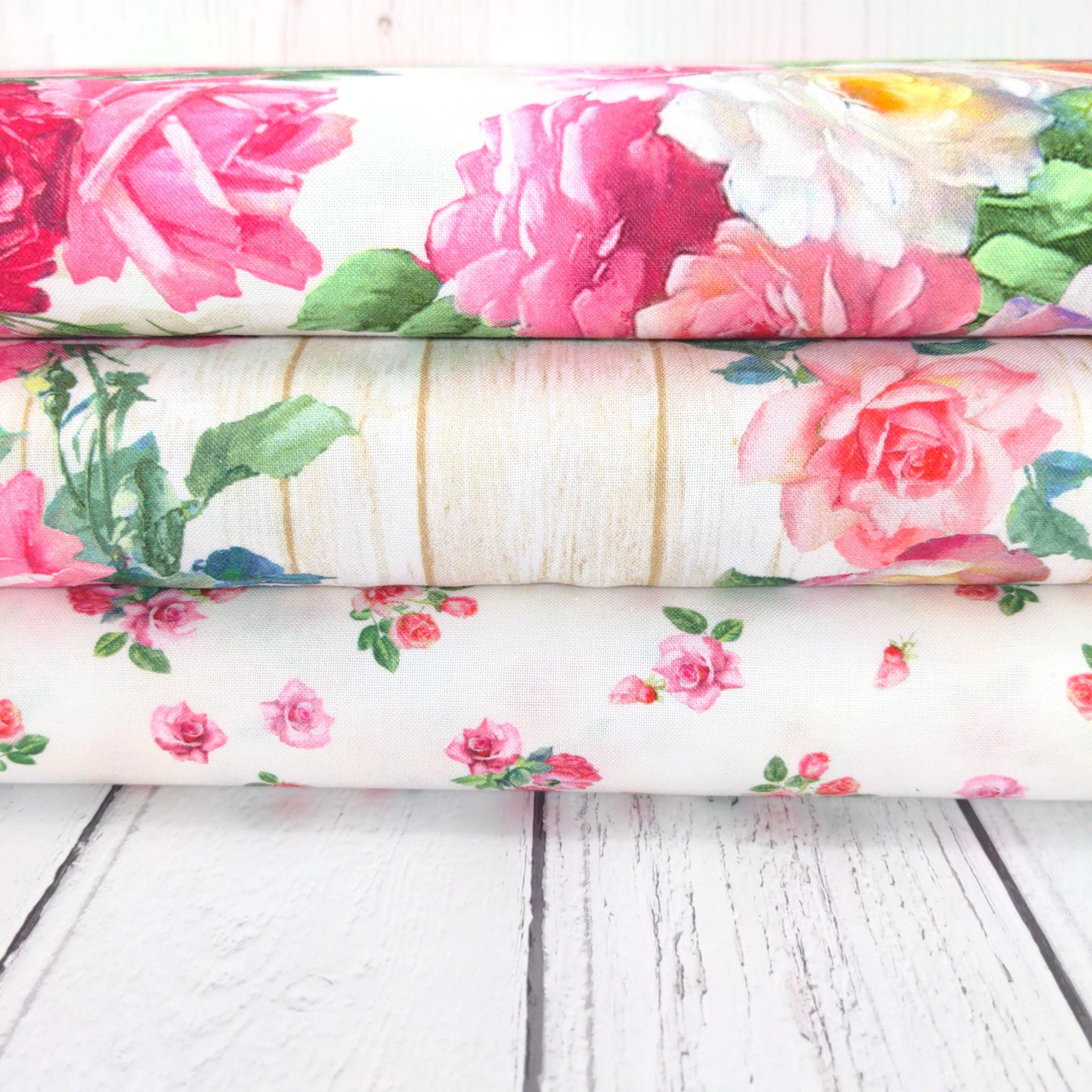 Pink roses on natural striped cotton fabric-Timeless-Treasures-CD1724