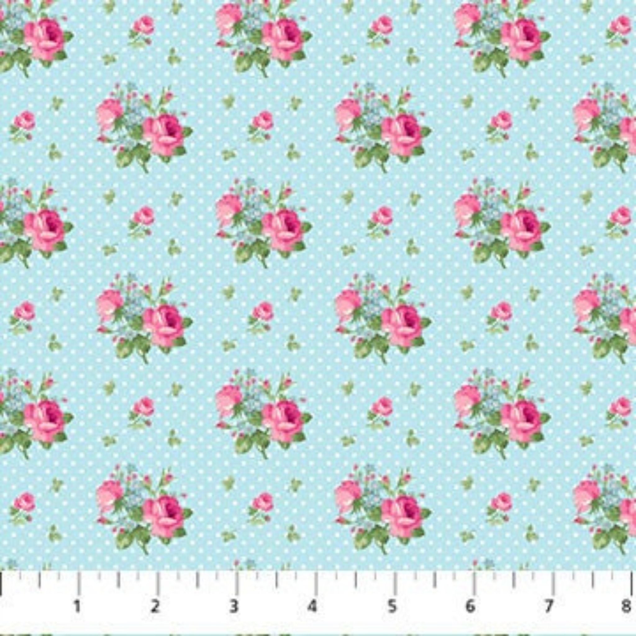 Roses on a pale blue polka dot cotton fabric - Tea for Two by Northcott