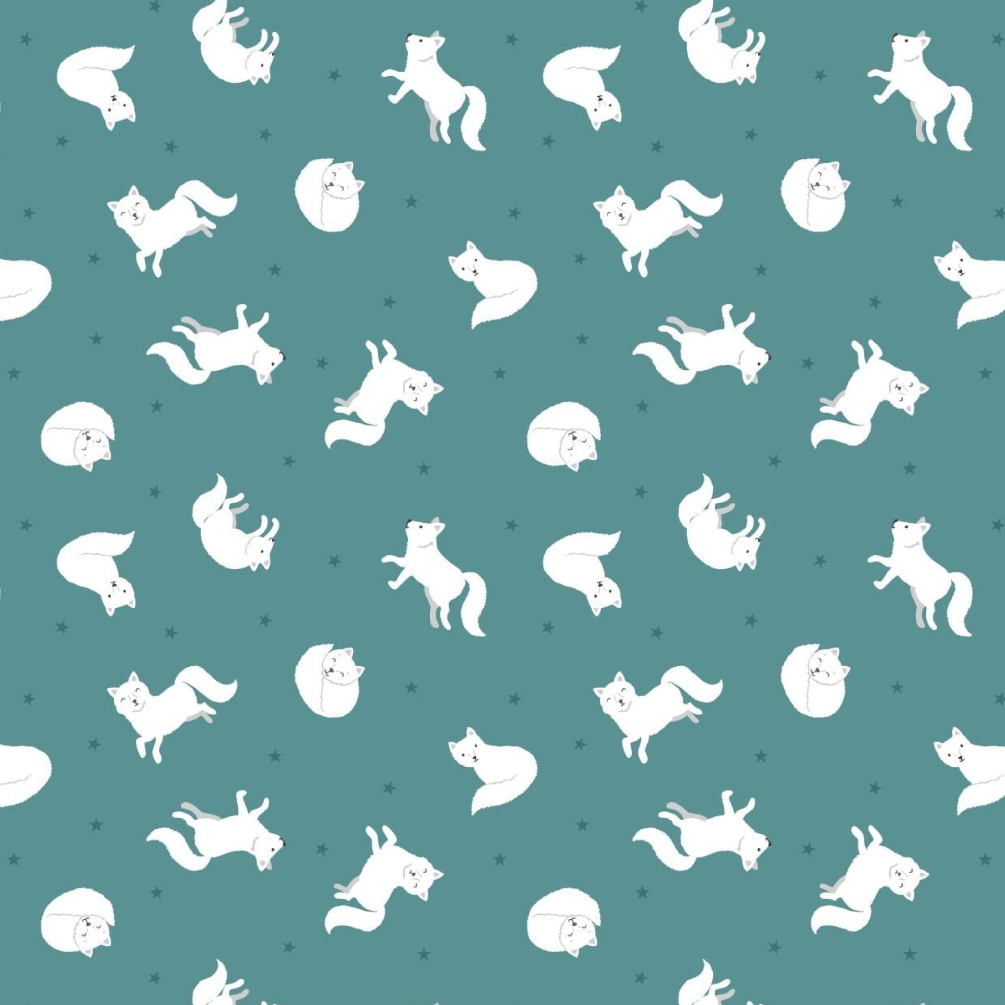 Arctic fox on iced teal with pearl on cotton fabric - 'Polar Animals' Lewis & Irene