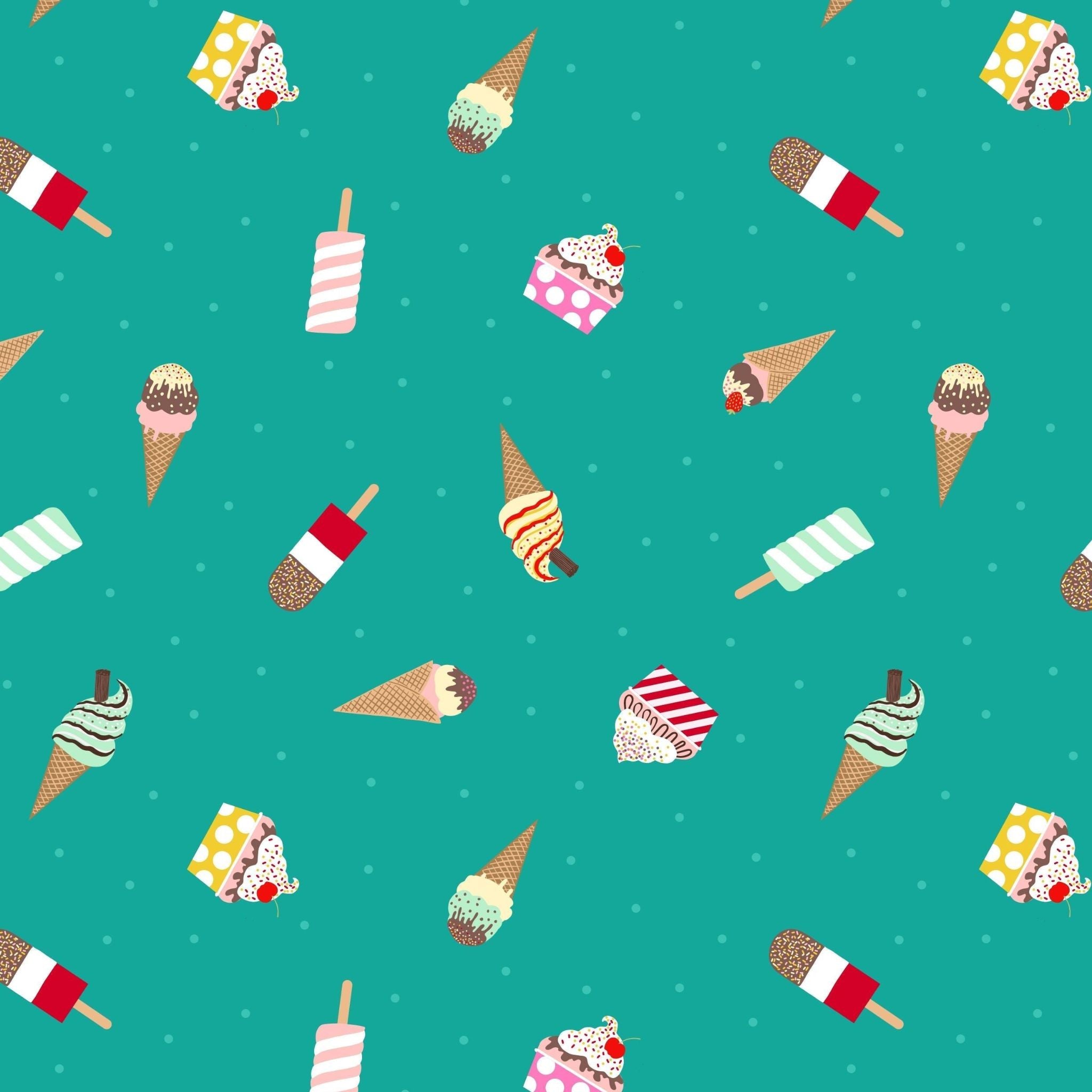 ice creams and ice lollies on a turquoise on a green cotton fabric - small things sweet by Lewis and Irene