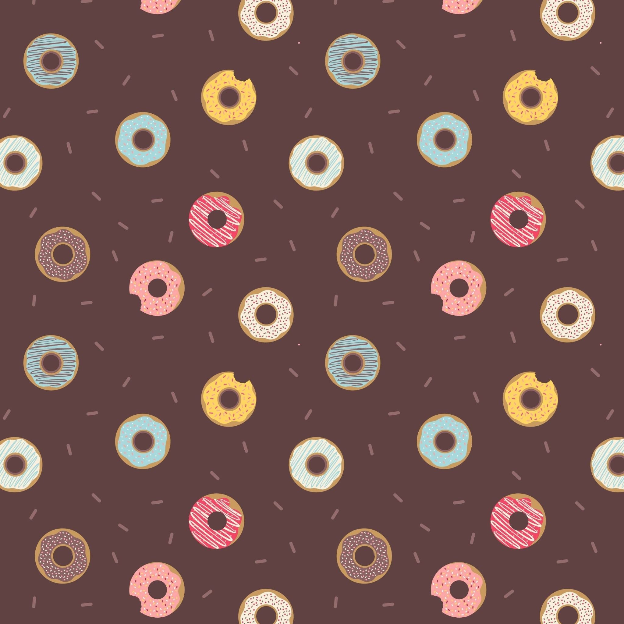 Different coloured donuts on brown cotton fabric - Small things Sweet by Lewis and Irene