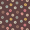 Different coloured donuts on brown cotton fabric - Small things Sweet by Lewis and Irene