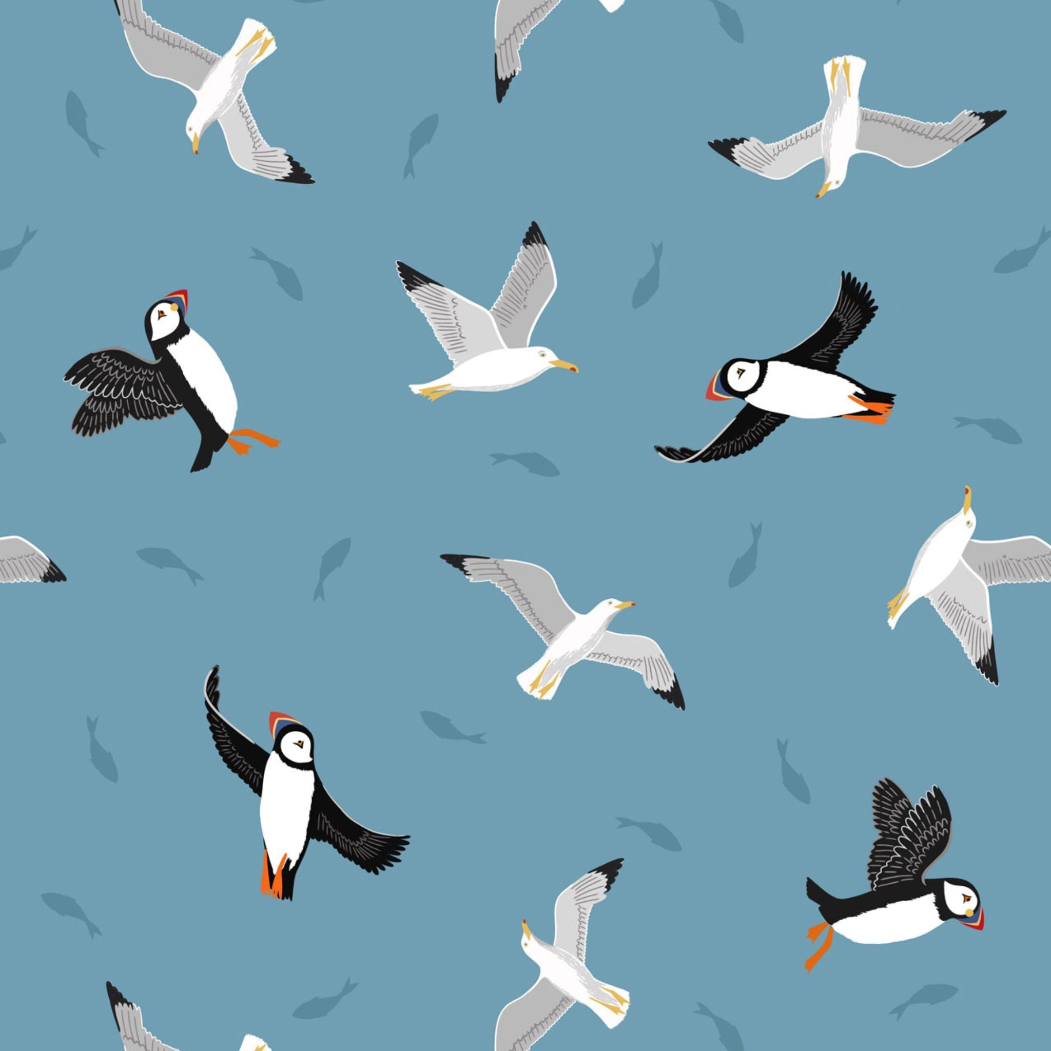 Puffins, seagulls and fish on blue cotton fabric - Small Things Coastal by Lewis & Irene