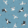 Puffins, seagulls and fish on blue cotton fabric - Small Things Coastal by Lewis & Irene