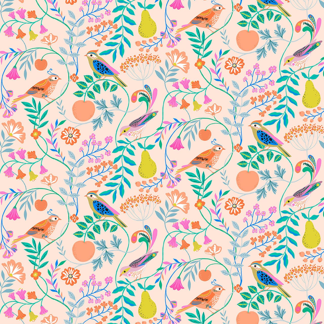 cotton fabric Birds and hedgerow on green - Songbird - Dashwood Studio
