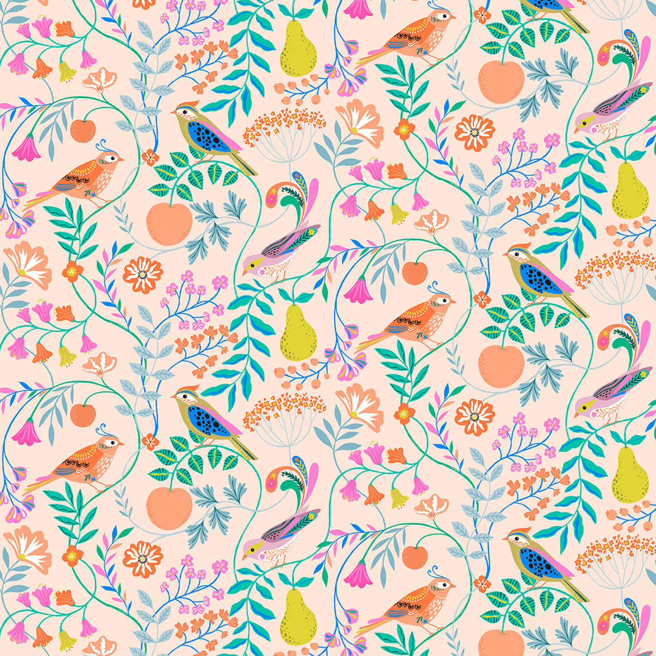 Birds and fruit on cream cotton - Songbird by Dashwood Studio