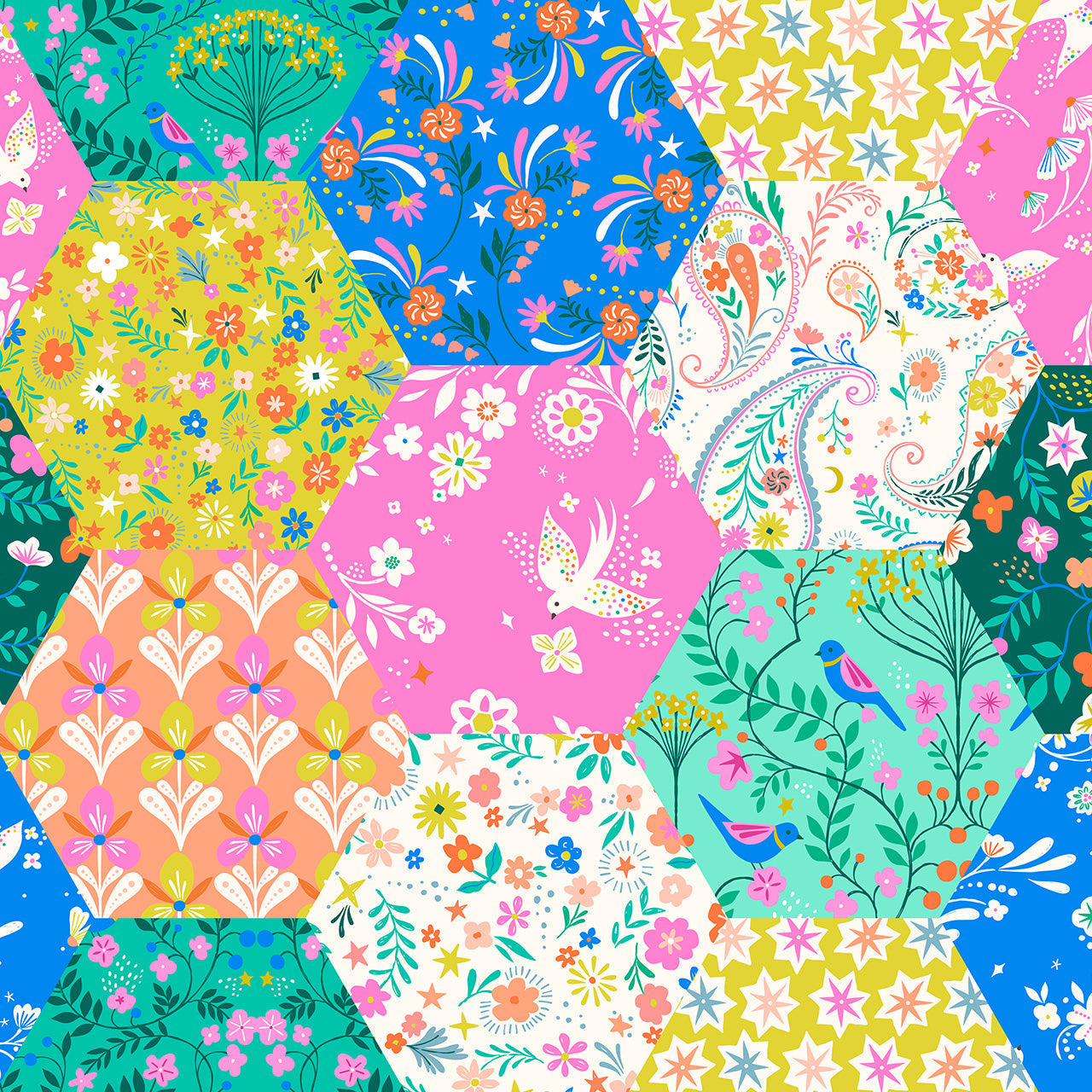 Patchwork fabric with birds, flowers and a paisley patter. Bright colours of pink, cream yellow, blue and green - Songbird by Dashwood Studio