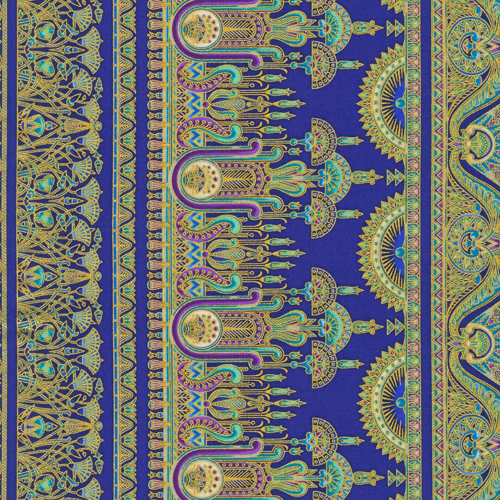 Egyptian inspired shapes on a royal blue striped fabric - Ancient Beauty by Robert Kaufman