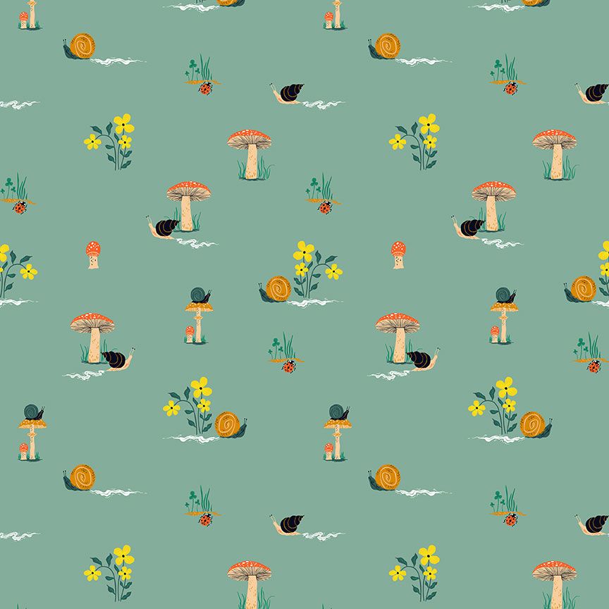 Snails and toadstools with little yellow flowers on green fabric - Flora and Fauna by Dear Stella