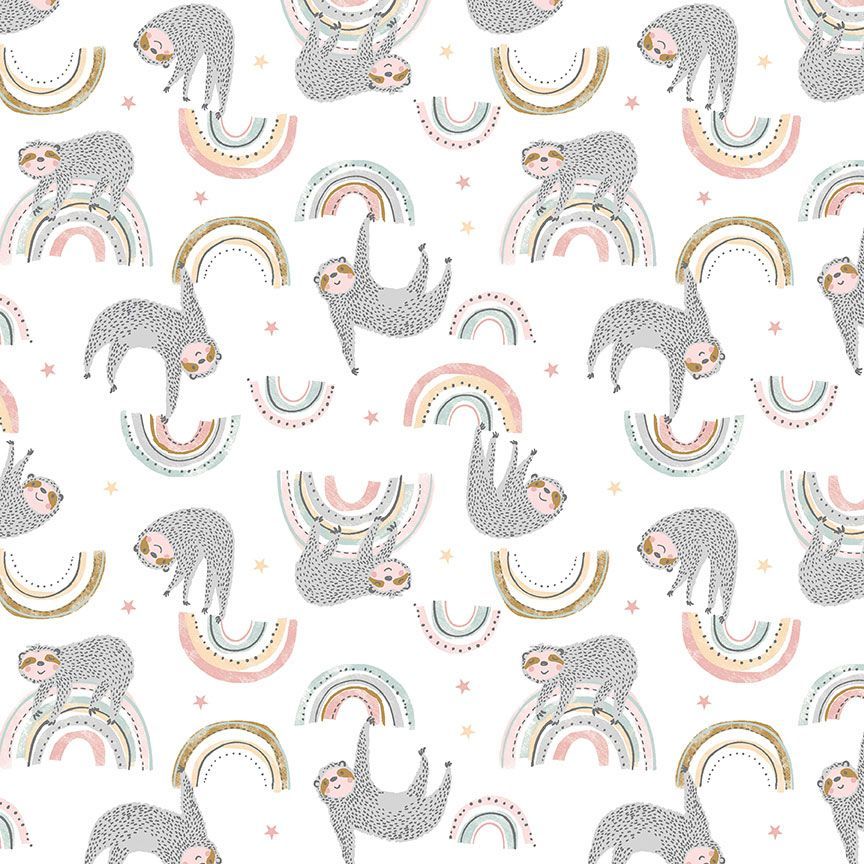 Sloths hanging on rainbows on a white brushed cotton Hang in there by Dear Stella