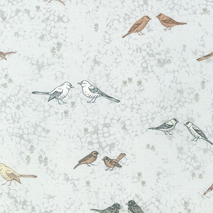 Grey bird baths on white cotton fabric - Songbird by Robert Kaufman