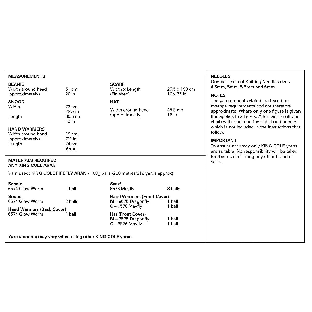Accessories knitting pattern in Aran - King Cole 6450