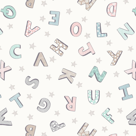 Fabric Alphabet and stars on cream 100% cotton fabric - Bella Bunny & Bear by Lewis & Irene