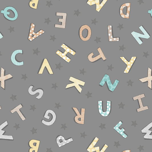 Fabric Alphabet and stars on dark grey 100% cotton fabric - Bella Bunny & Bear by Lewis & Irene