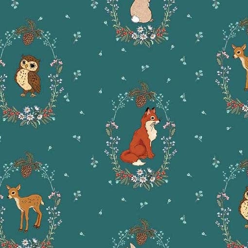 cotton fabric Animal vignettes-Midnight Forest-Teal-Michael Miller