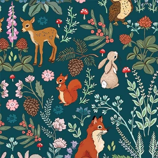 cotton fabric Animal vignettes-Midnight Forest-Teal-Michael Miller