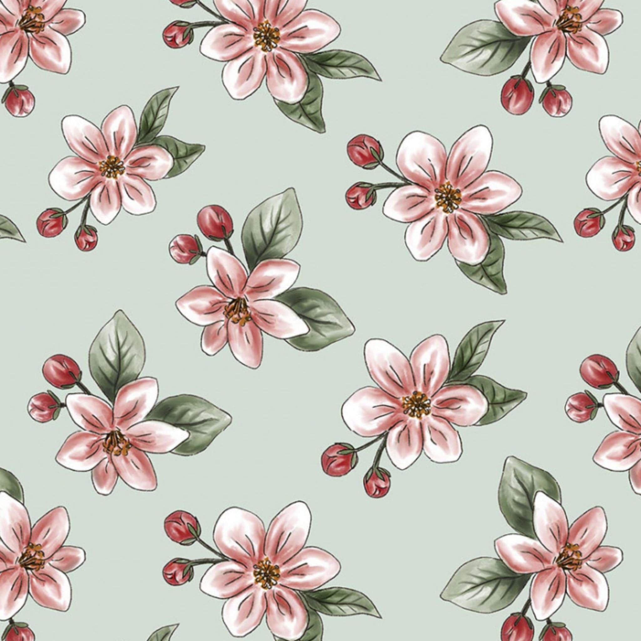 Fabric Apple blossom on green/blue wide cotton fabric