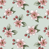 Fabric Apple blossom on green/blue wide cotton fabric