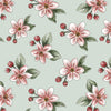 Apple blossom on green/blue wide cotton fabric