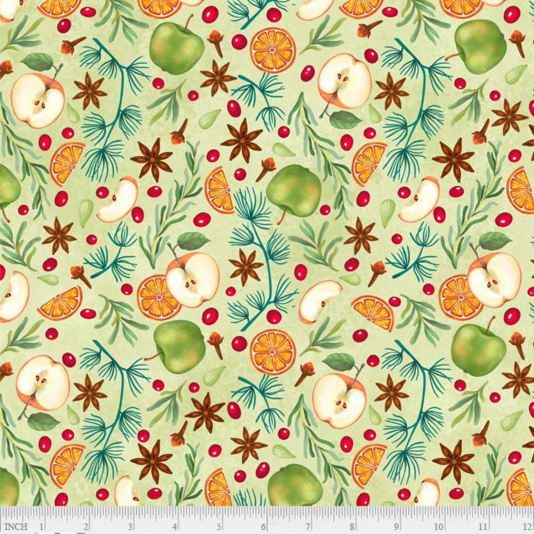 cotton fabric Apples on sage green cotton -Hot Cider -  P & B Textiles - HCID 5145 G