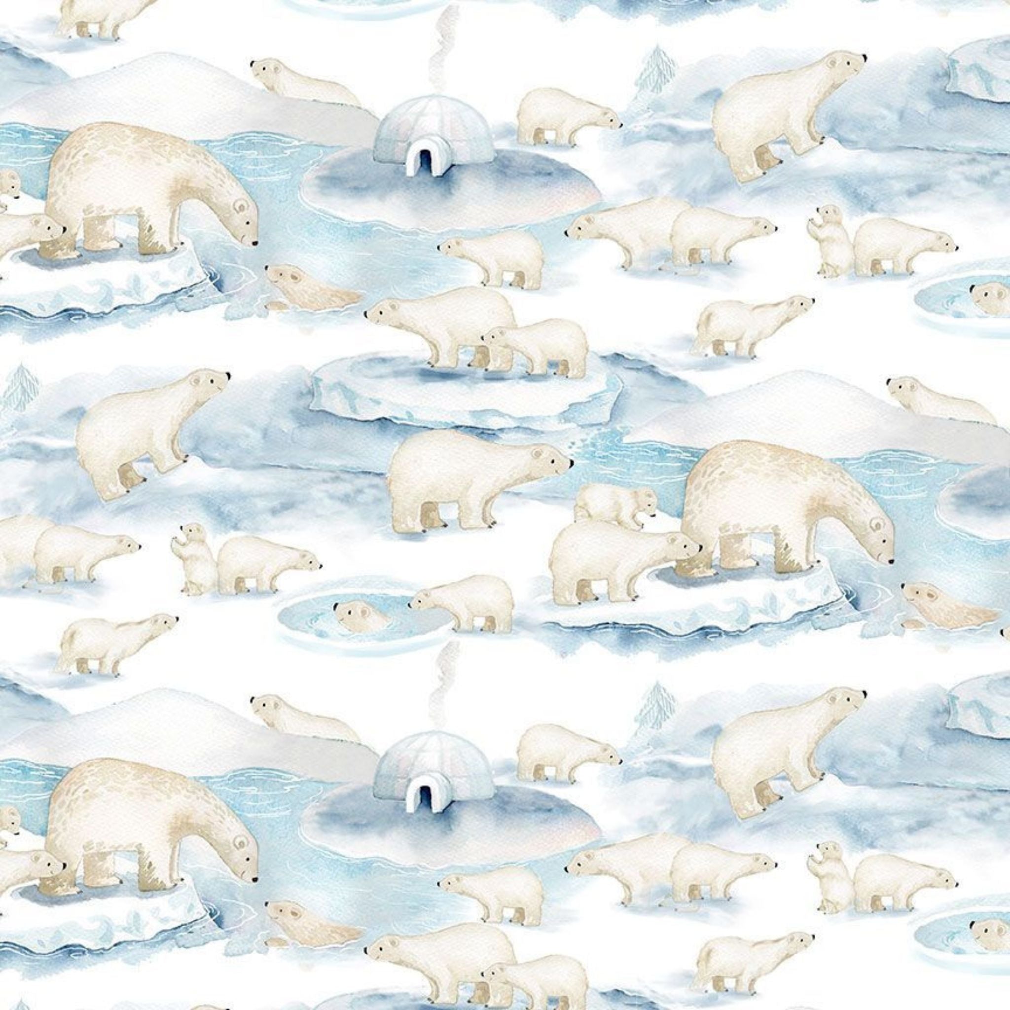 Polar bears, icebergs and and igloos on white cotton fabric - Nature - Timeless Treasures