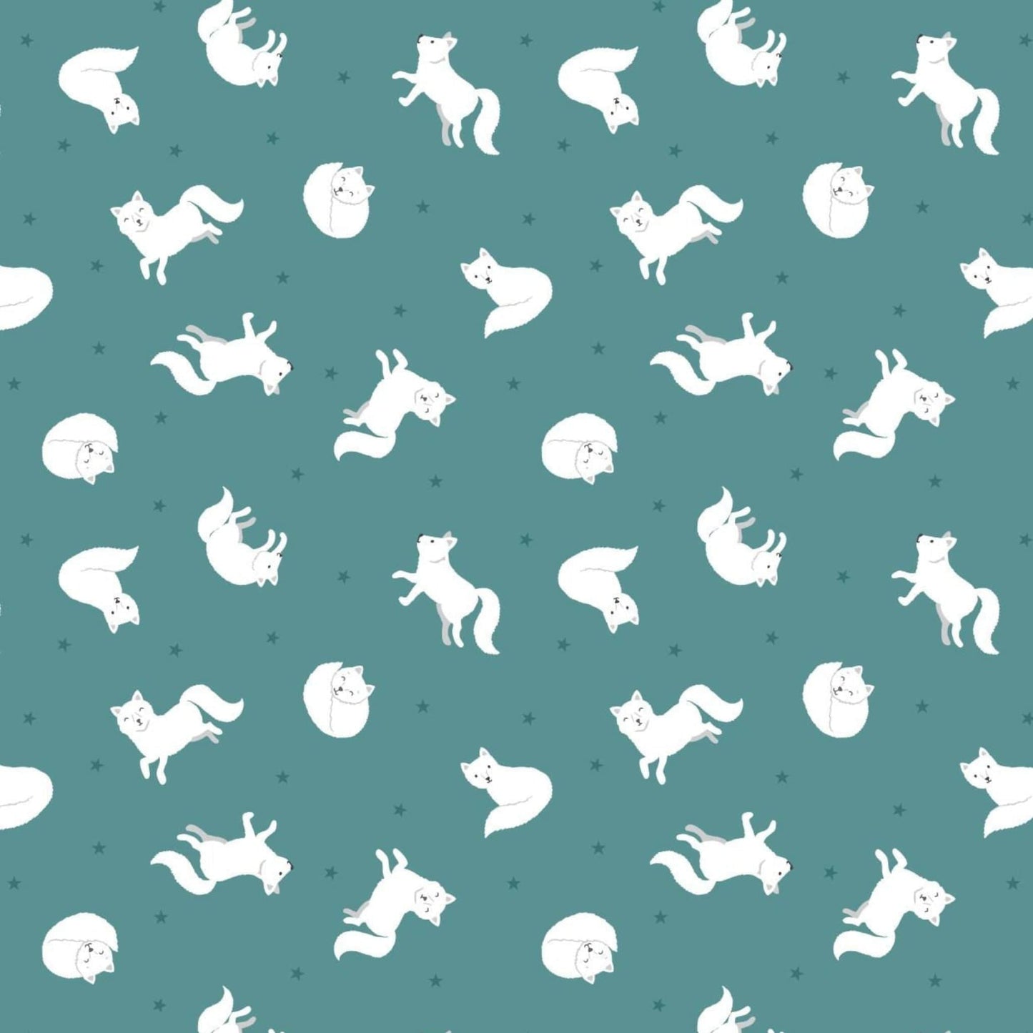 Fabric Arctic fox on iced teal with pearl on cotton fabric - 'Polar Animals' Lewis & Irene