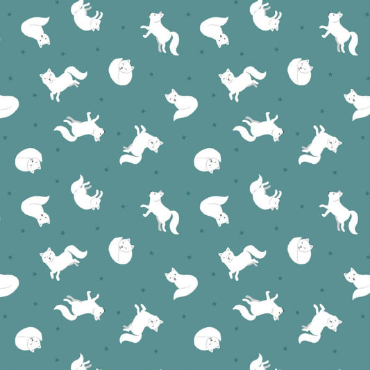 Fabric Arctic fox on iced teal with pearl on cotton fabric - 'Polar Animals' Lewis & Irene