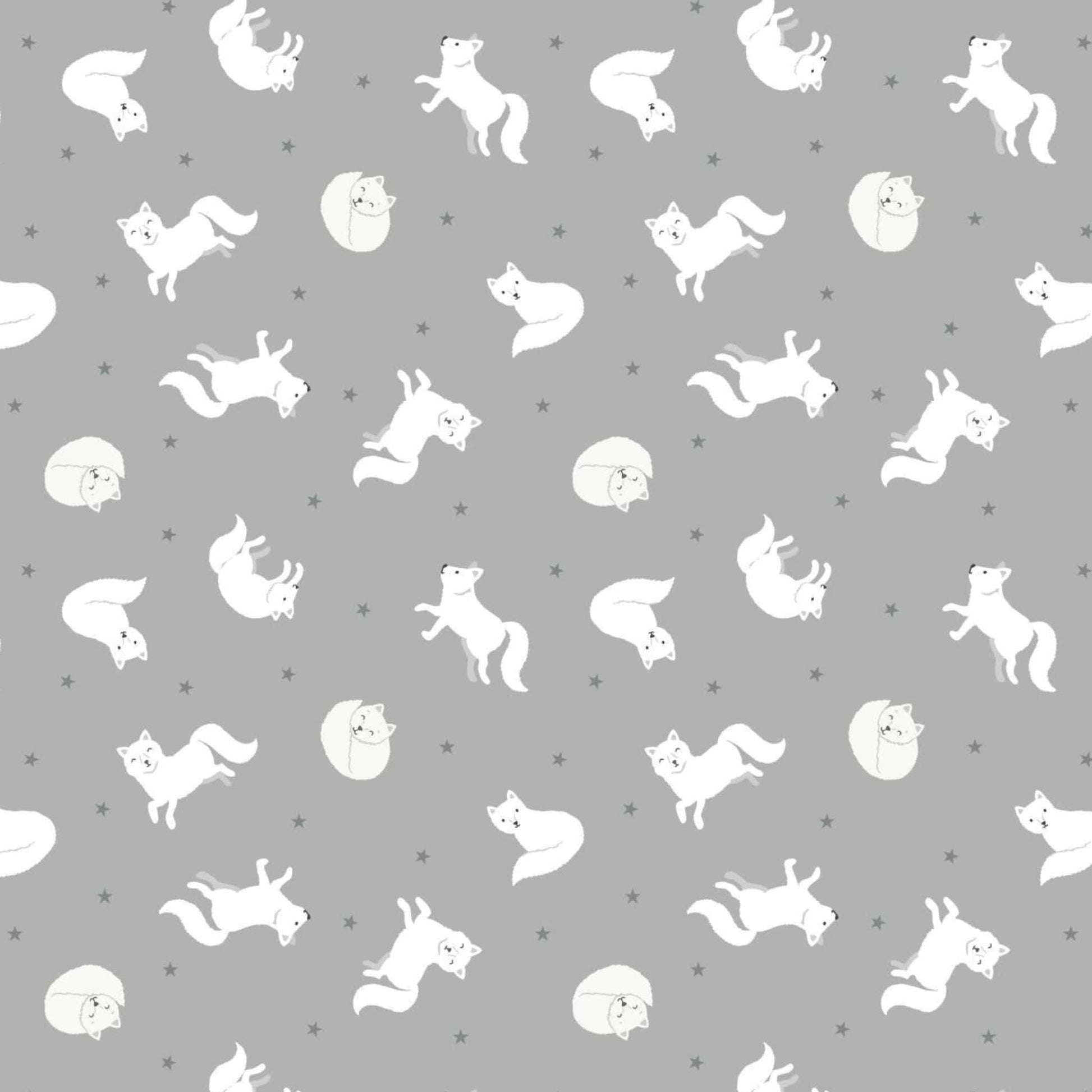 Fabric Arctic fox on silver grey with pearl on cotton fabric - 'Polar Animals' Lewis & Irene