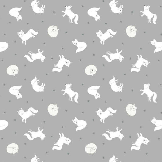 Fabric Arctic fox on silver grey with pearl on cotton fabric - 'Polar Animals' Lewis & Irene