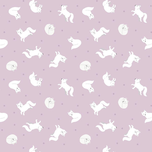 Fabric Arctic fox on winter pink with pearl on cotton fabric - 'Polar Animals' Lewis & Irene