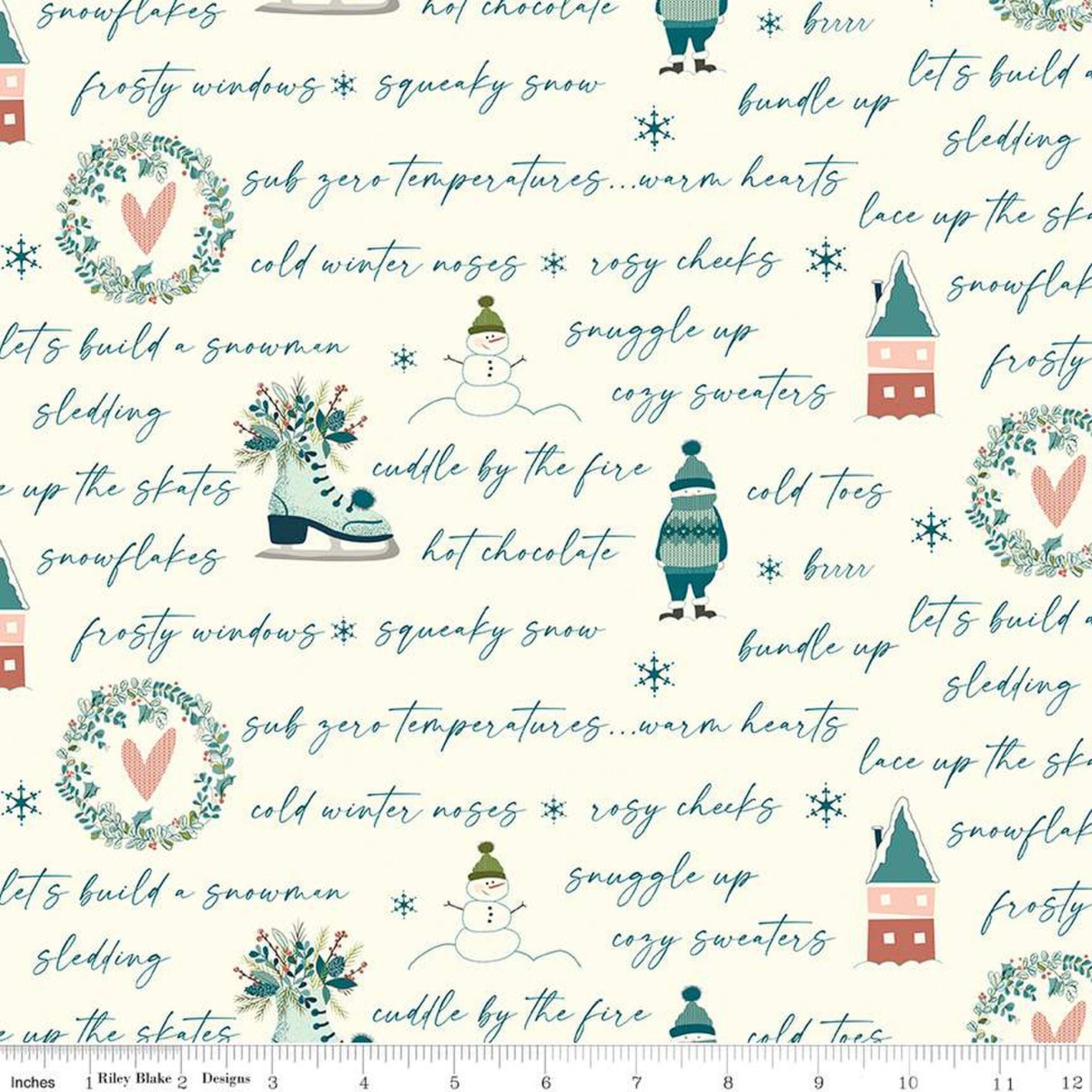 snowmen and warm sayings on cream cotton fabric - Arrival of Winter by Riley Blake