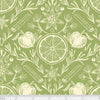 Sage green fabric with autumn apples, star anise, orange slices and cinnamon sticks in a symmetrical pattern - Hot Cider by P & B Textiles