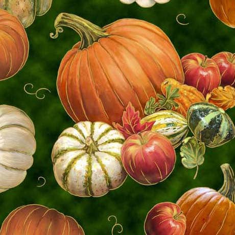 Cotton Fabric Autumn Forest - Pumpkins and Gourds - Forest- QT Fabrics