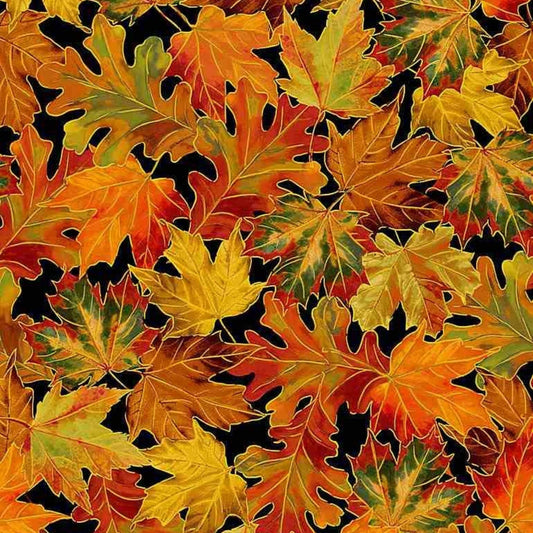 Fabric Autumn leaves on black cotton - Harvest - Timeless Treasures