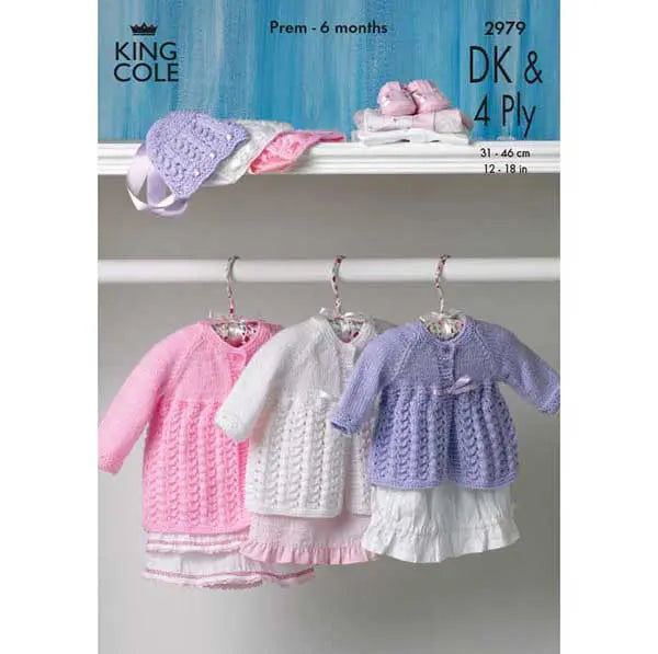 Babies Matinee Coat and Bonnet knitting pattern in DK and 4ply - King Cole 2979