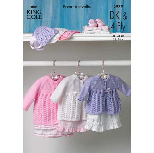 Babies Matinee Coat and Bonnet knitting pattern in DK and 4ply - King Cole 2979