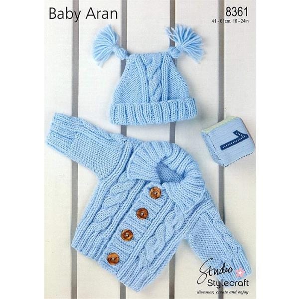 Baby Aran knitting cardigan and hat pattern - Stylecraft 8361