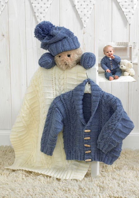 Baby Jacket, Hat, Mittens and Blanket aran knitting pattern - Stylecraft 4854